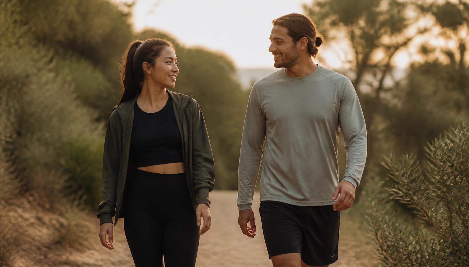 Two people walking outdoors at golden hour
