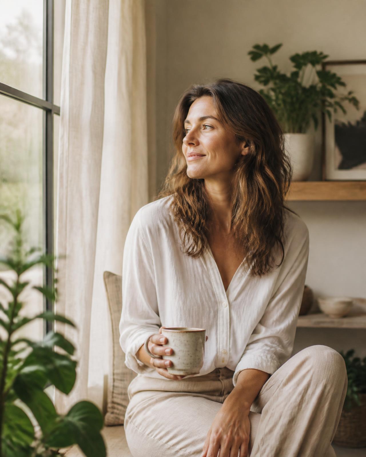 A woman resting with a warm drink in soft morning light