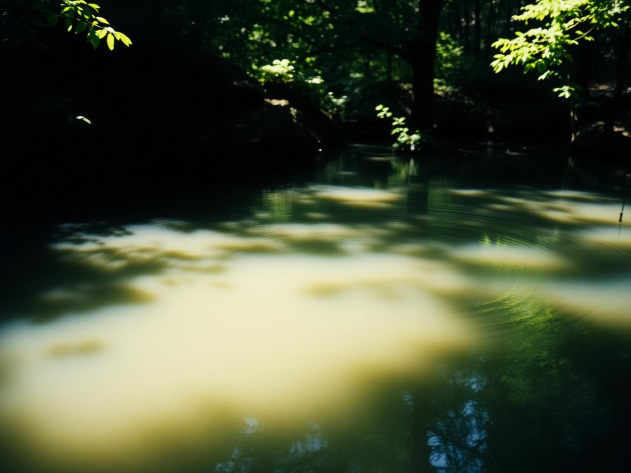 A long-exposure photograph of a swimmer mid-stroke in open water, the body blurred by motion while the surface behind them lies flat and still.