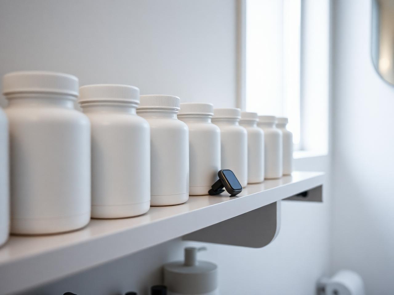 A wearable tracker lying face-up on a bedside table beside a notebook and a row of supplement bottles in early morning light.
