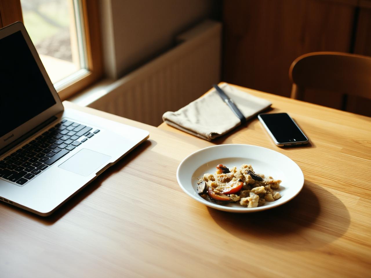 An unfinished meal on a kitchen table beside an open laptop and a phone, natural light falling across the plate
