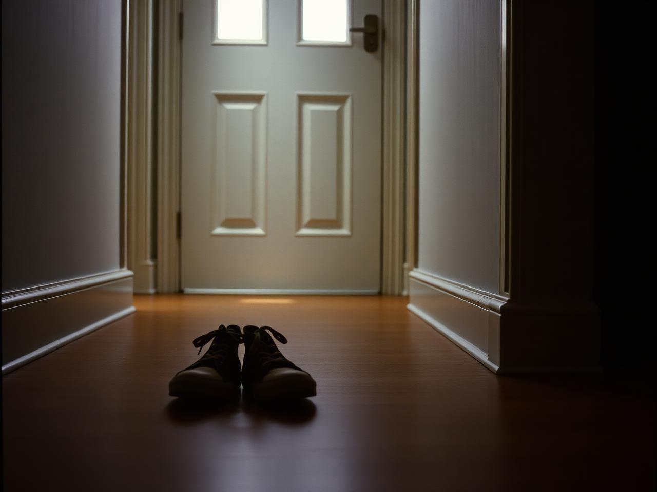 A single pair of unworn trainers on a hallway floor in flat early-morning light, beside a closed front door.