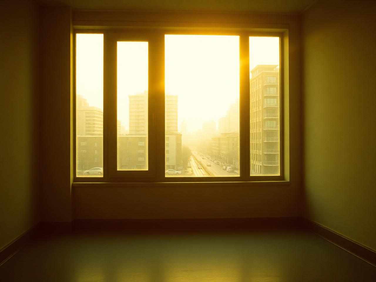 Low evening light falling across an empty room through a large window, with a single lamp switched on and the street visible outside